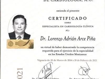 CERTIFICADO VENCIDO O POR VENCER DE LA ESPECIALIDAD DE CARDIOLOGIA - Dr. Lorenzo Arce-1