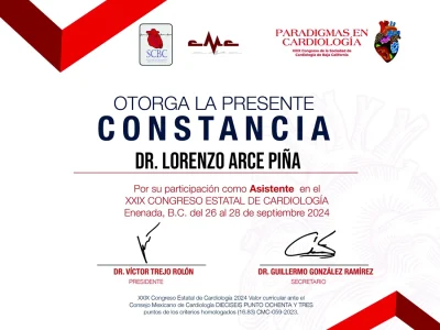 CONSTANCIA CONGRESO ESTATAL DE CARDIOLOGIA ASISTENTE Y PROFESOR - Dr. Lorenzo Arce-1